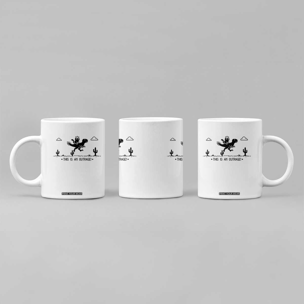 Funny Cat Riding Dinosaur Pixel Retro Coffee Mug This Is An Outrage TS12 Print Your Wear