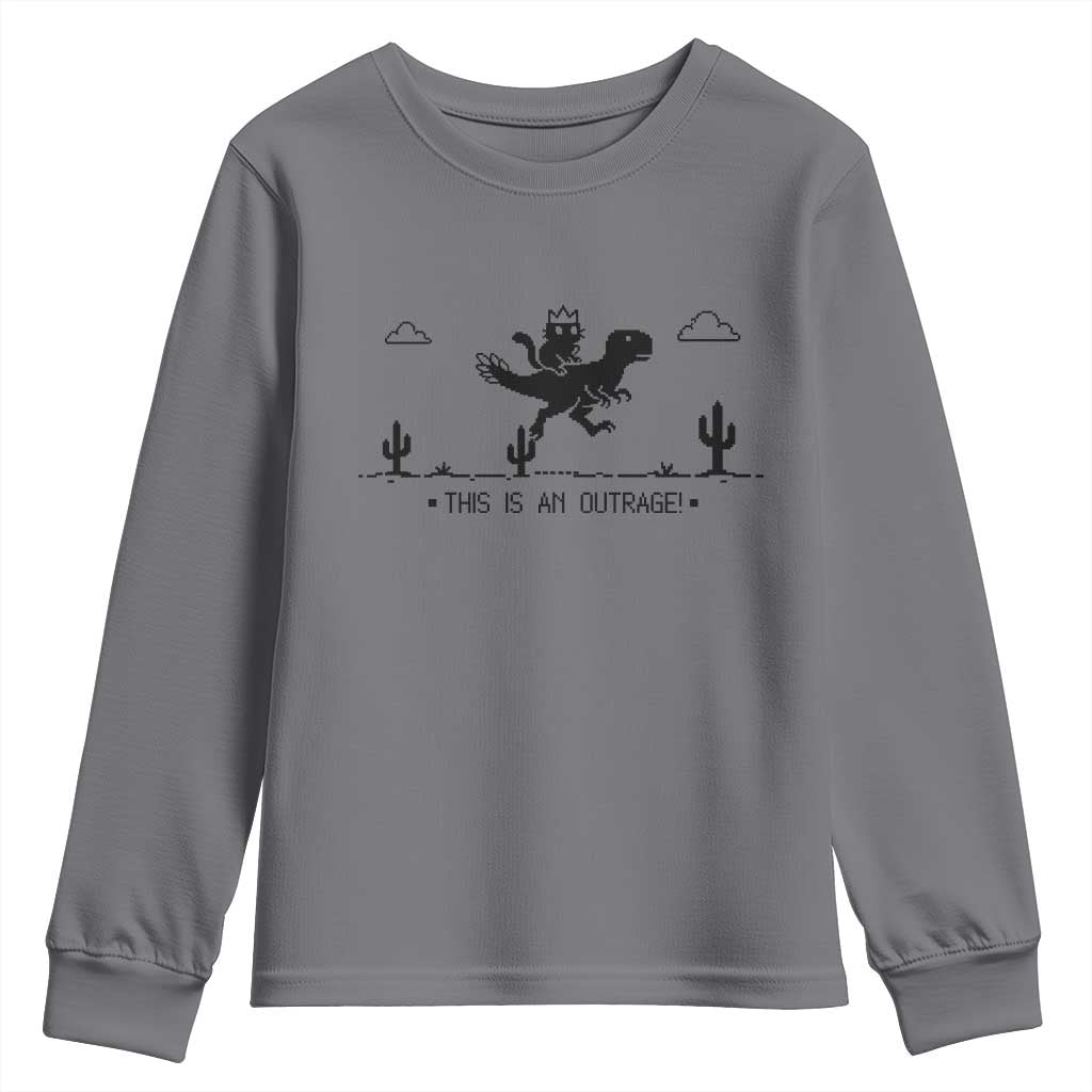 Funny Cat Riding Dinosaur Pixel Retro Youth Sweatshirt This Is An Outrage TS12 Charcoal Print Your Wear