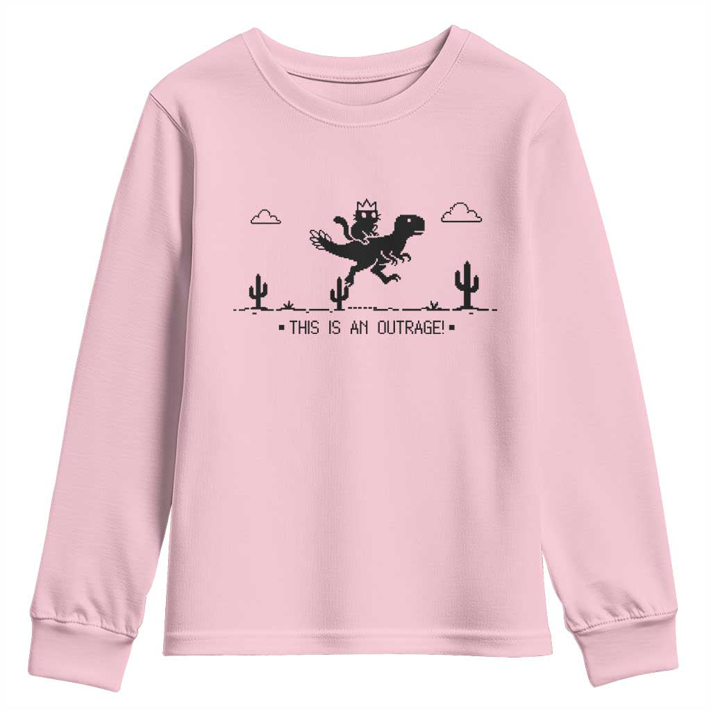 Funny Cat Riding Dinosaur Pixel Retro Youth Sweatshirt This Is An Outrage TS12 Light Pink Print Your Wear