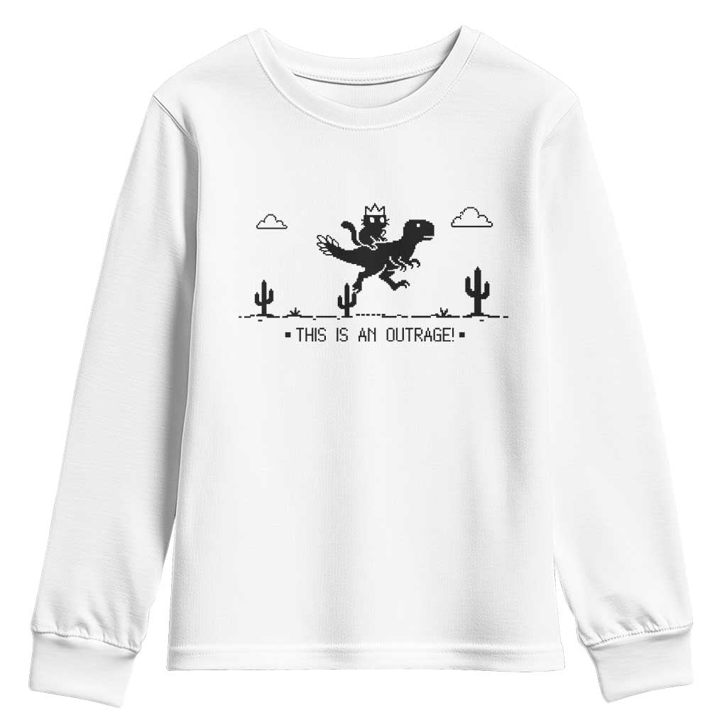 Funny Cat Riding Dinosaur Pixel Retro Youth Sweatshirt This Is An Outrage TS12 White Print Your Wear