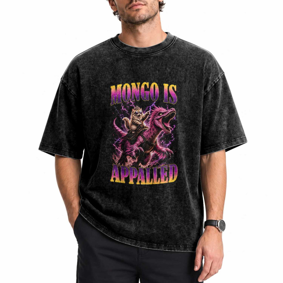 Fantasy Book Reader Geeky Cat Lover Washed Cotton T-Shirt Mongo Is Appalled