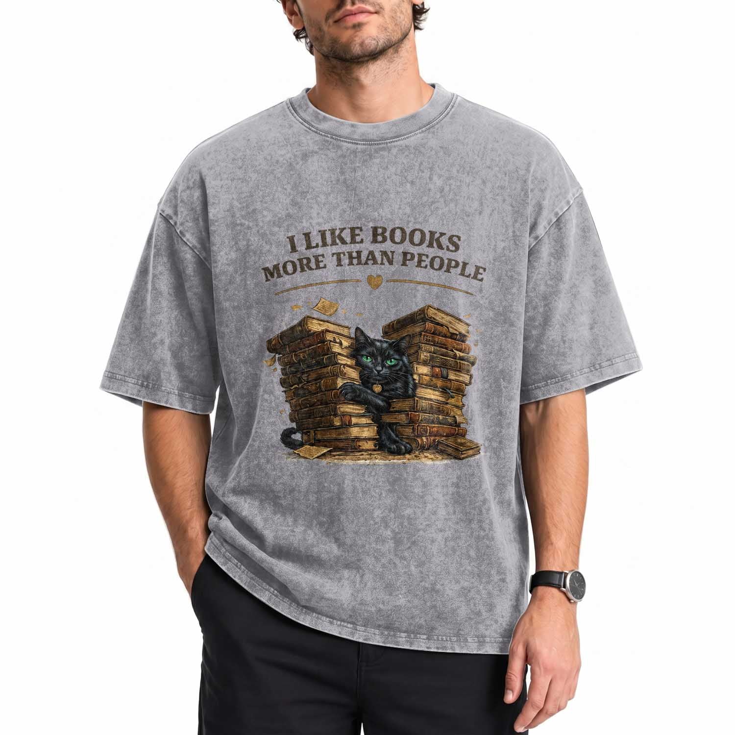 Funny Black Cat Bookworm Quote Washed Cotton T-Shirt I Like Books More Than People