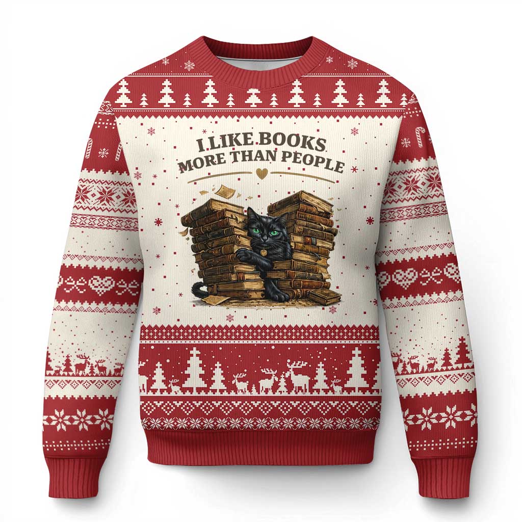 Funny Black Cat Bookworm Quote Ugly Christmas Sweater I Like Books More Than People TS12 Beige Red Print Your Wear