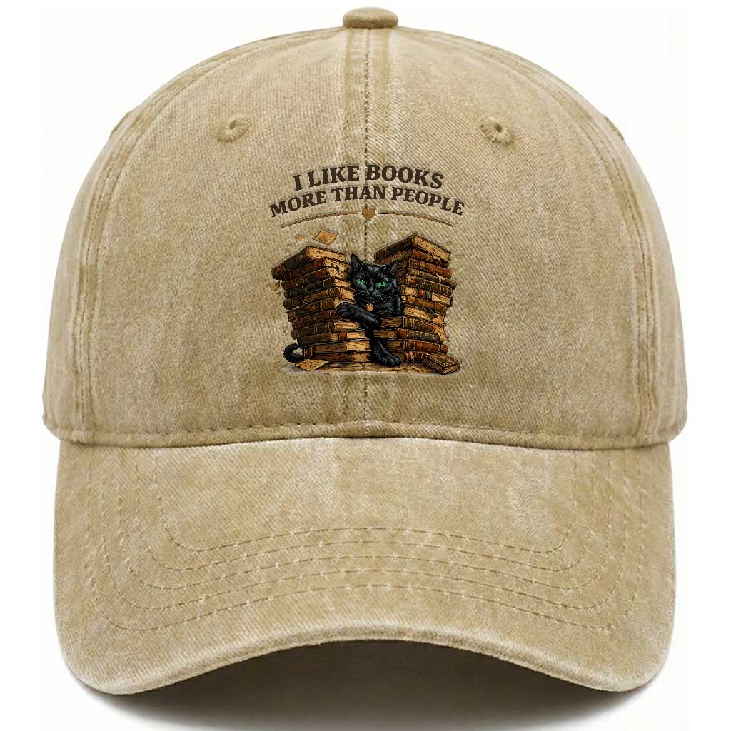 Funny Black Cat Bookworm Quote Washed Cotton Baseball Cap I Like Books More Than People TS12 Print Your Wear