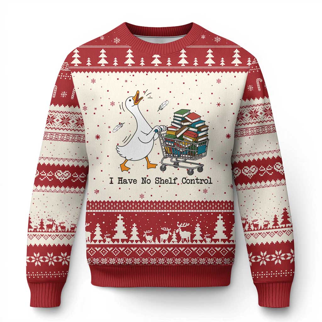 Funny Goose Book Lover Ugly Christmas Sweater I Have No Shelf Control TS12 Beige Red Print Your Wear