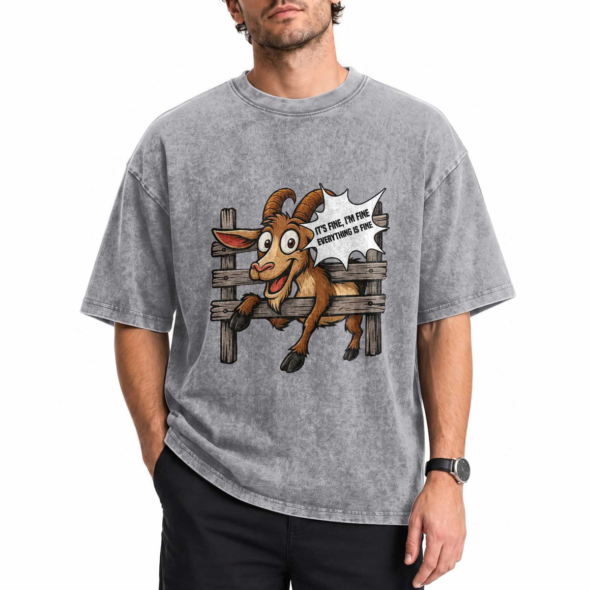Funny Goat Washed Cotton T-Shirt It Is Fine I Am Fine Everything Is Fine