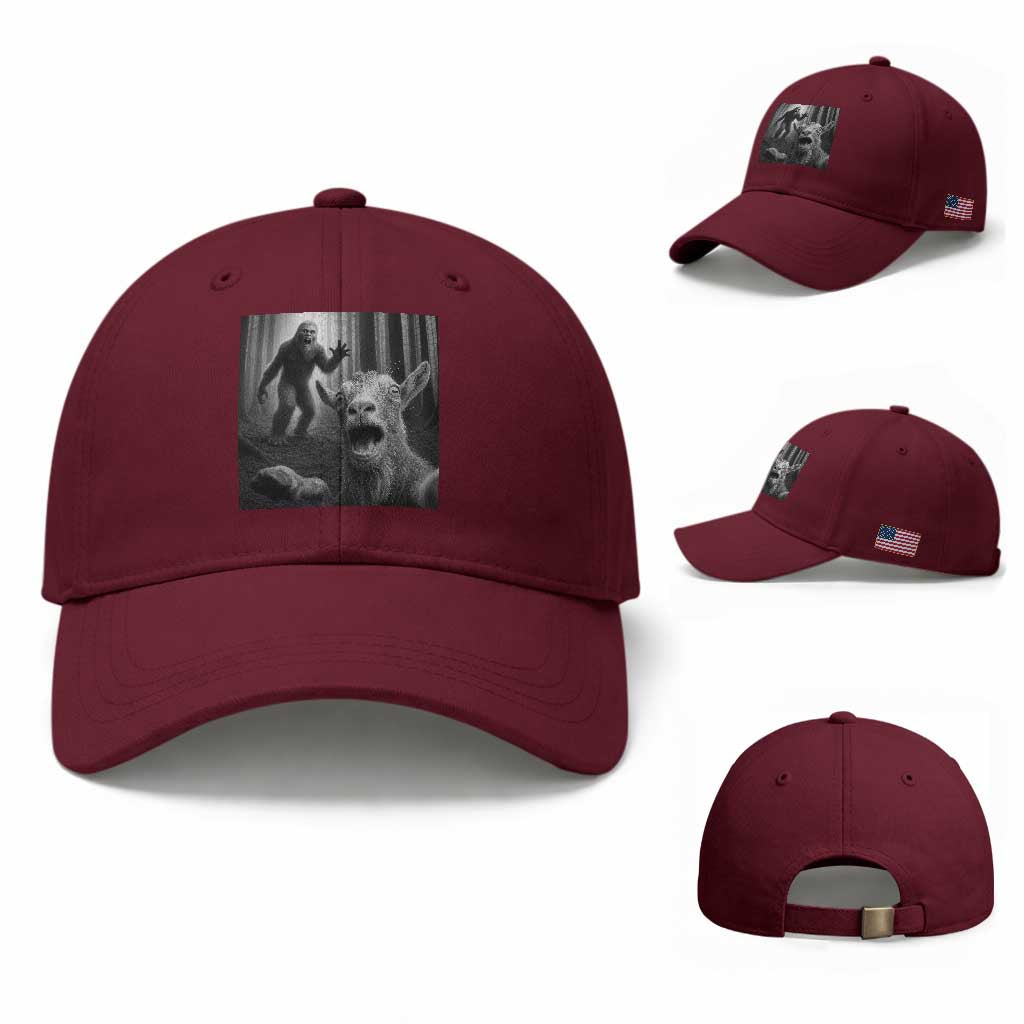 Goat Selfie With Bigfoot Baseball Cap Funny Cryptid Gift TS12 Baseball Cap Universal Fit Maroon Print Your Wear