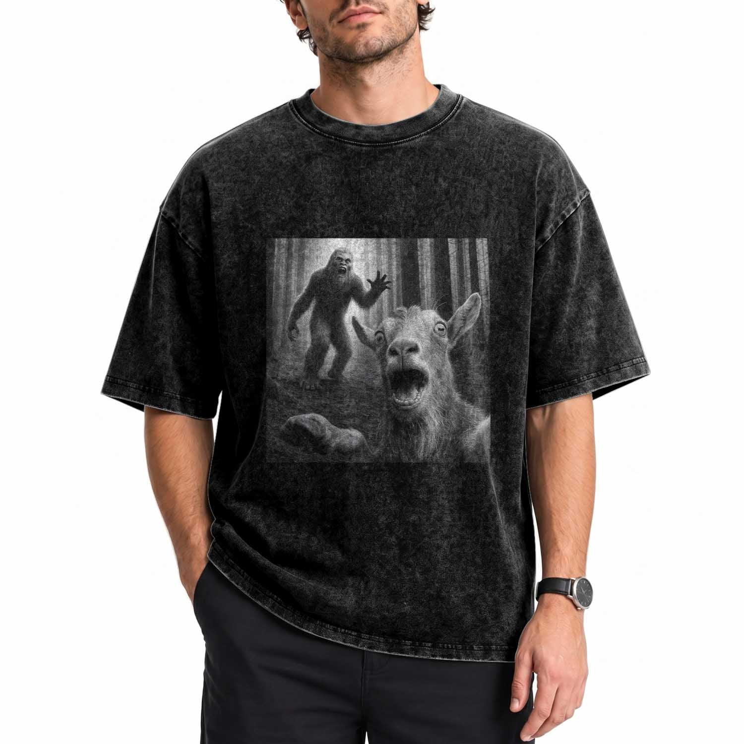 Goat Selfie With Bigfoot Washed Cotton T-Shirt Funny Cryptid Gift