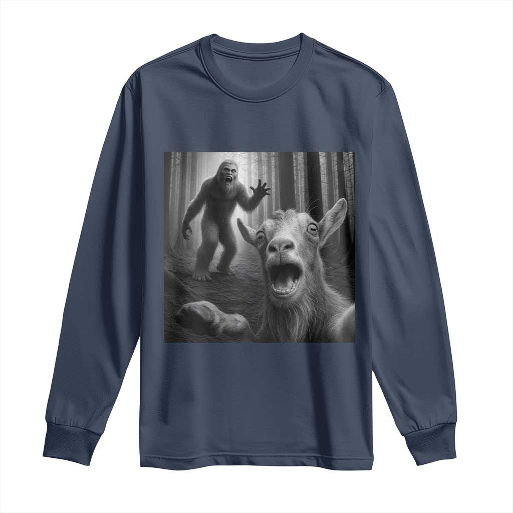 Goat Selfie With Bigfoot Long Sleeve Shirt Funny Cryptid Gift TS12 Navy Print Your Wear