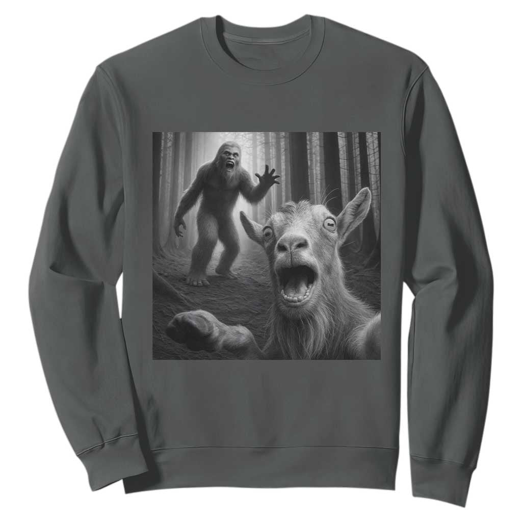 Goat Selfie With Bigfoot Sweatshirt Funny Cryptid Gift TS12 Dark Heather Print Your Wear