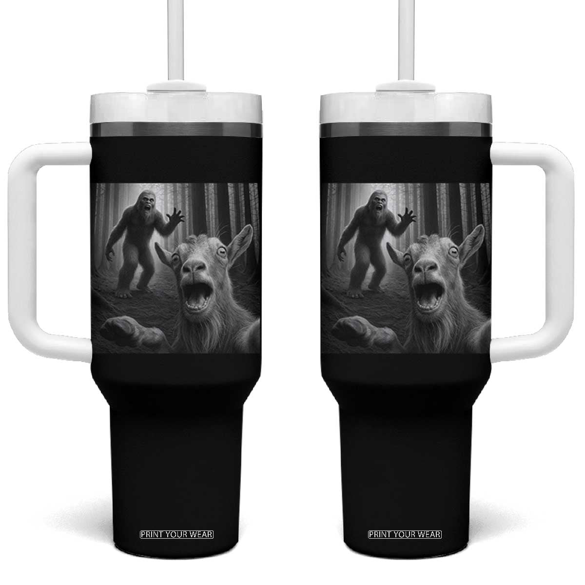 Goat Selfie With Bigfoot Tumbler With Handle Funny Cryptid Gift TS12 One Size: 40 oz Black Print Your Wear