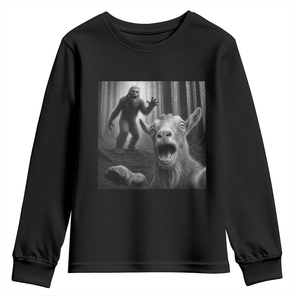 Goat Selfie With Bigfoot Youth Sweatshirt Funny Cryptid Gift TS12 Black Print Your Wear