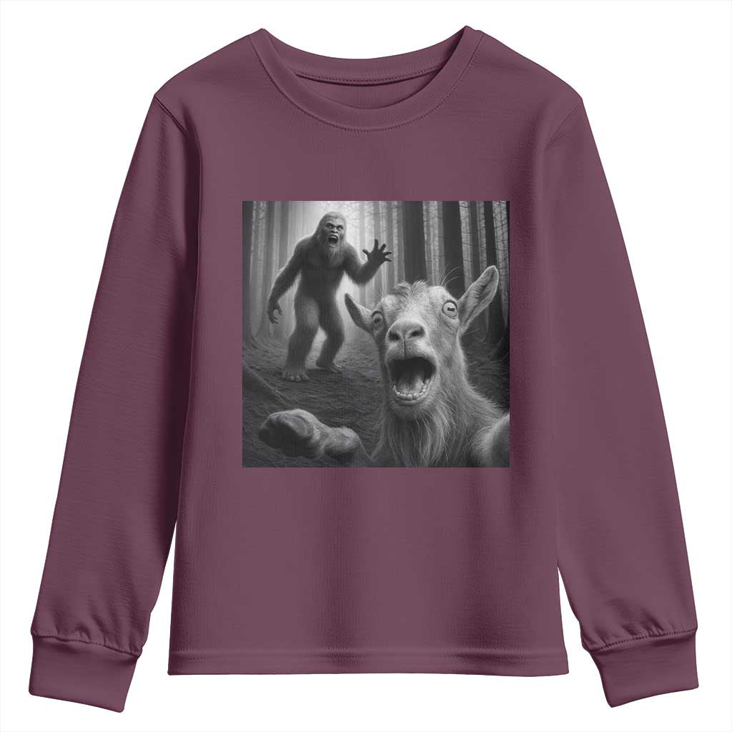 Goat Selfie With Bigfoot Youth Sweatshirt Funny Cryptid Gift TS12 Maroon Print Your Wear