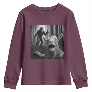 Goat Selfie With Bigfoot Youth Sweatshirt Funny Cryptid Gift TS12 Maroon Print Your Wear