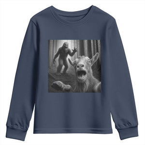 Goat Selfie With Bigfoot Youth Sweatshirt Funny Cryptid Gift TS12 Navy Print Your Wear