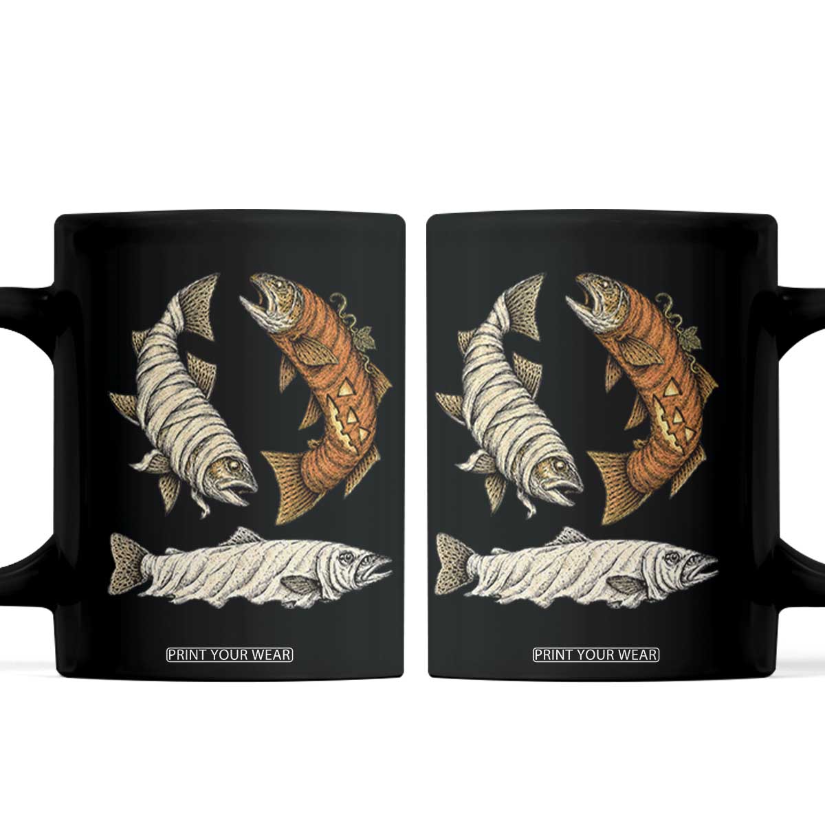 Funny Halloween Fisherman Trout Coffee Mug Ghost Pumpkin Mummy Spooky