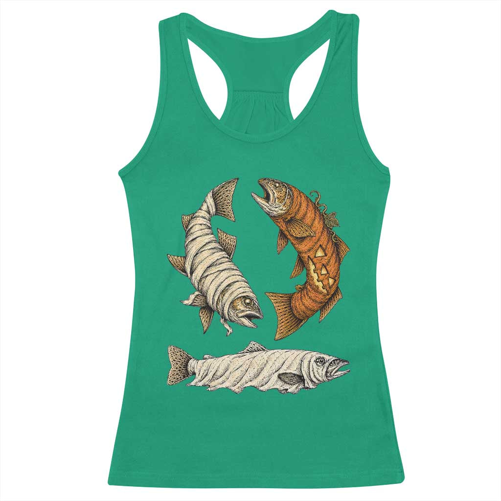 Funny Halloween Fisherman Trout Racerback Tank Top Ghost Pumpkin Mummy Spooky
