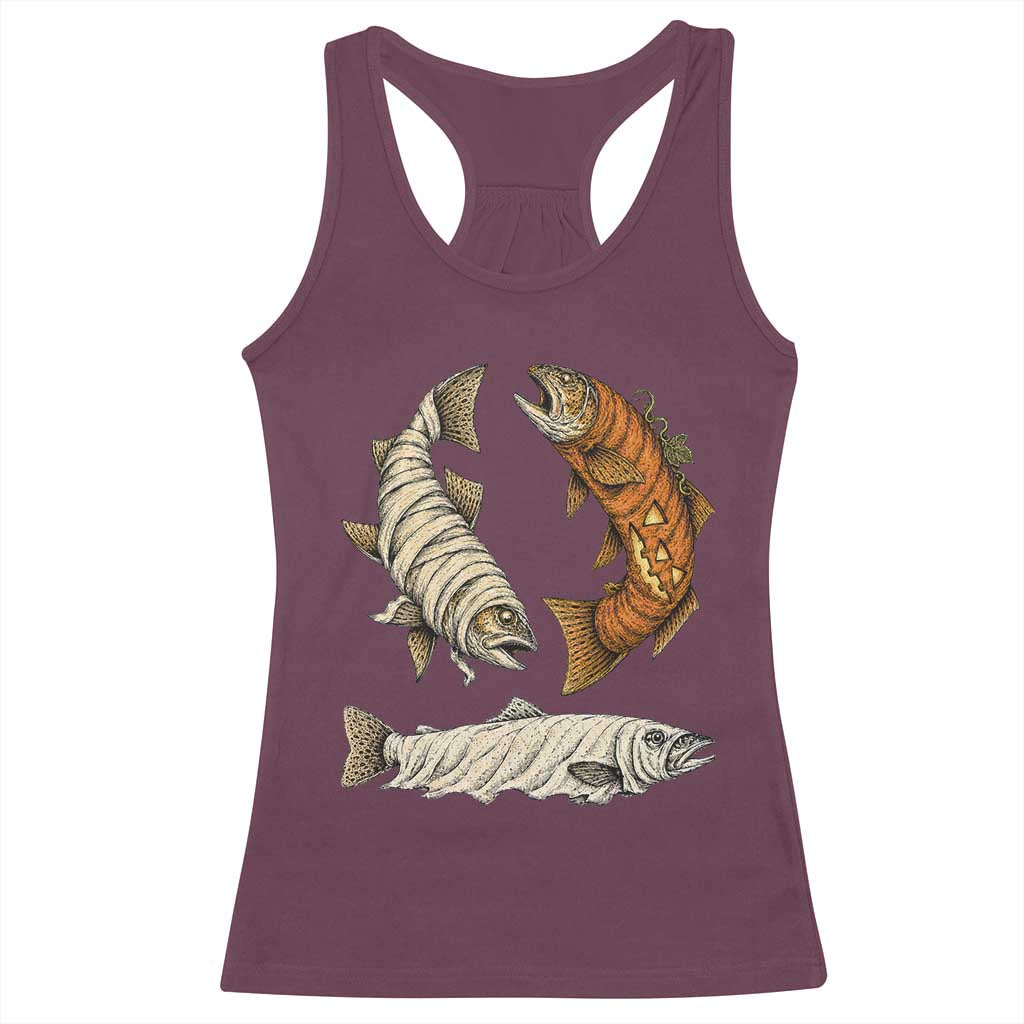Funny Halloween Fisherman Trout Racerback Tank Top Ghost Pumpkin Mummy Spooky