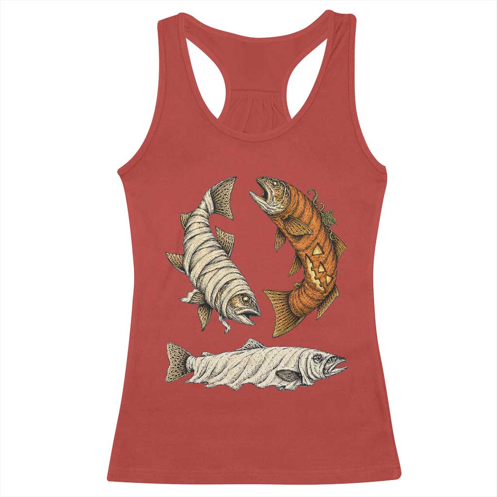 Funny Halloween Fisherman Trout Racerback Tank Top Ghost Pumpkin Mummy Spooky