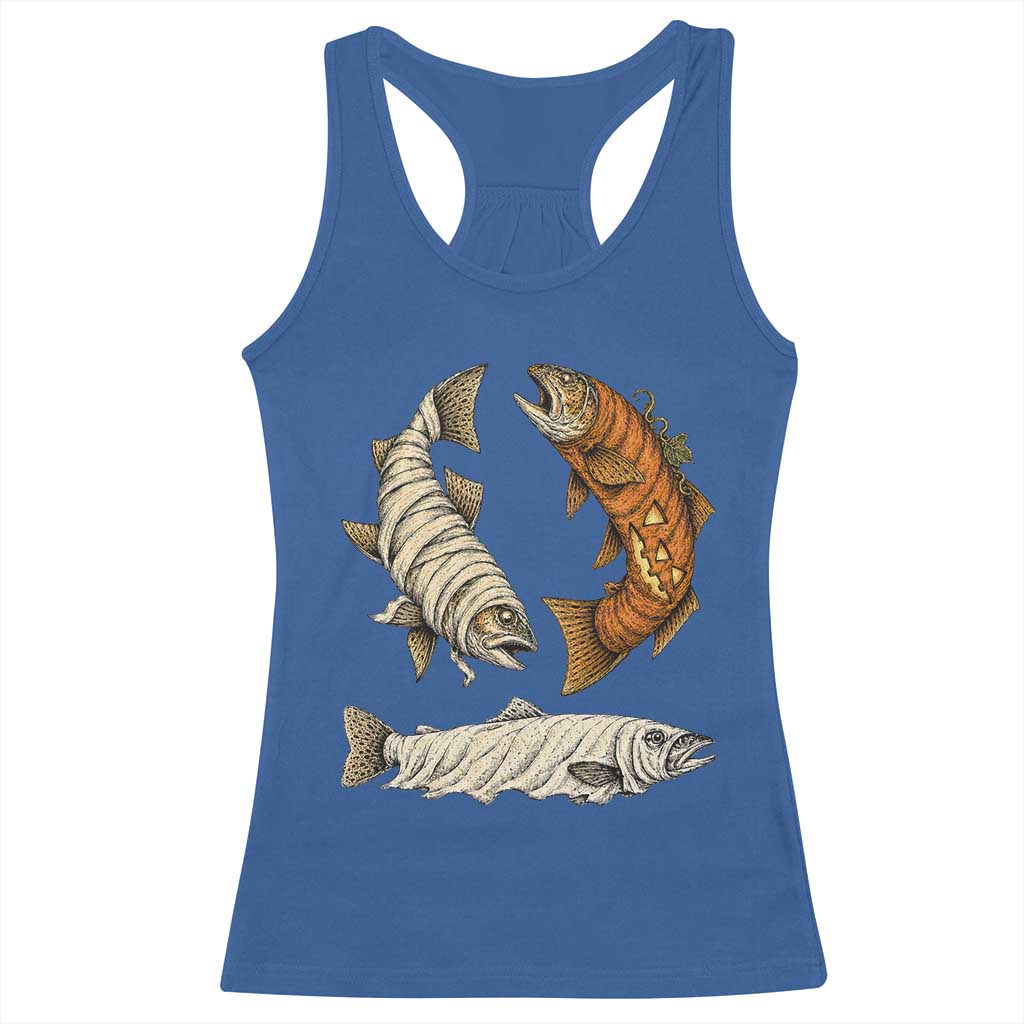 Funny Halloween Fisherman Trout Racerback Tank Top Ghost Pumpkin Mummy Spooky