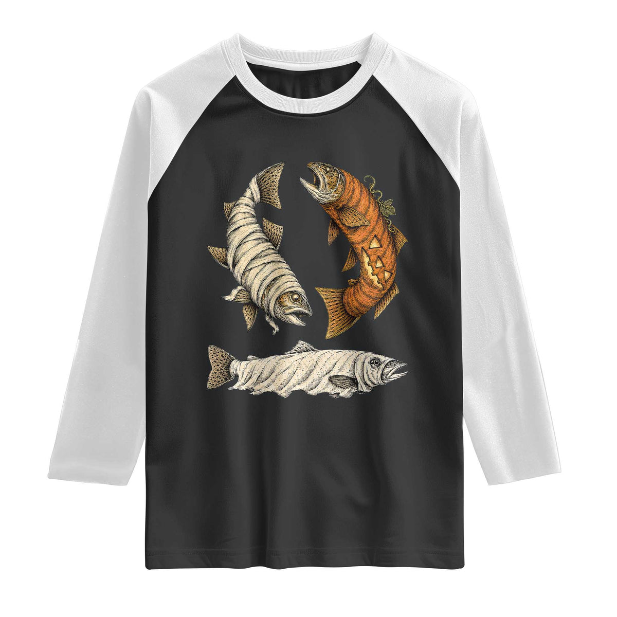 Funny Halloween Fisherman Trout Raglan Shirt Ghost Pumpkin Mummy Spooky