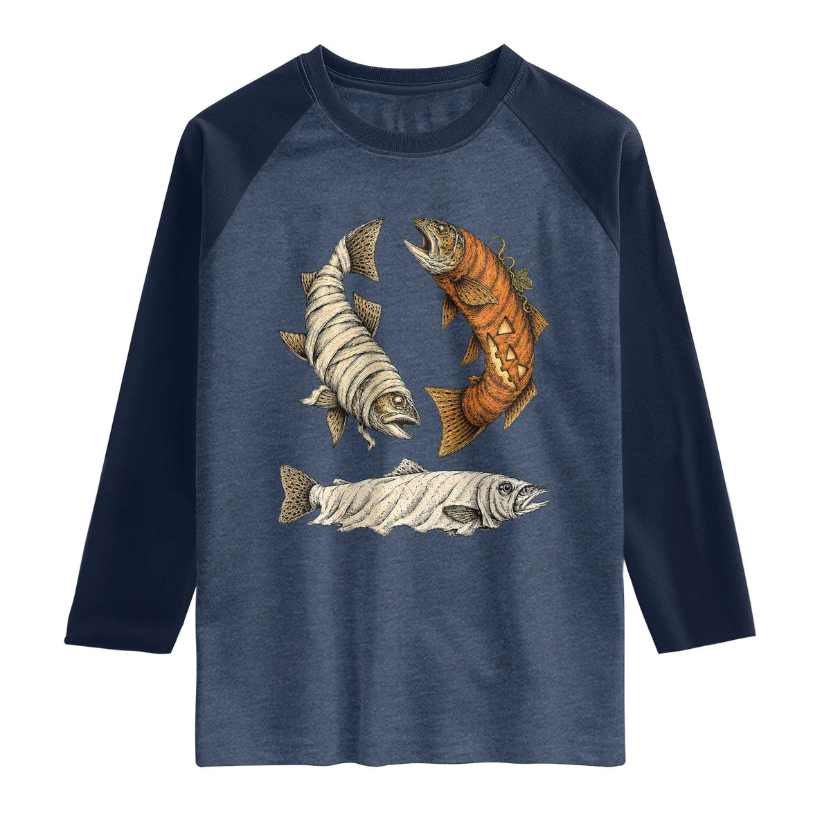 Funny Halloween Fisherman Trout Raglan Shirt Ghost Pumpkin Mummy Spooky