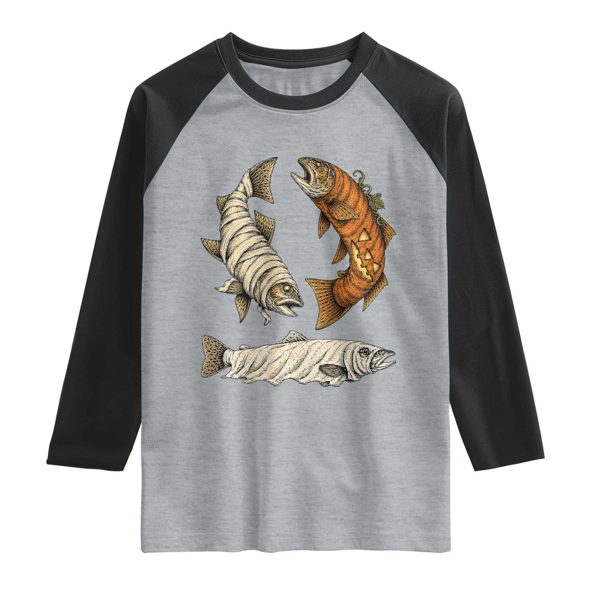 Funny Halloween Fisherman Trout Raglan Shirt Ghost Pumpkin Mummy Spooky