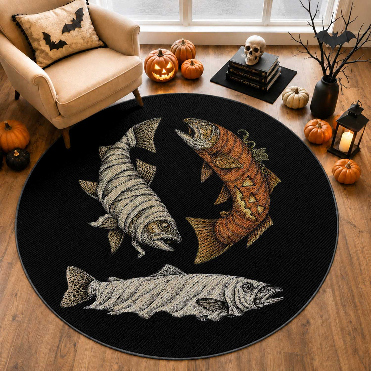Funny Halloween Fisherman Trout Round Rug Ghost Pumpkin Mummy Spooky
