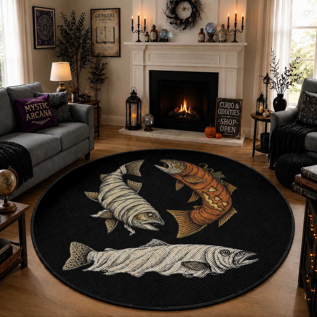 Funny Halloween Fisherman Trout Round Rug Ghost Pumpkin Mummy Spooky