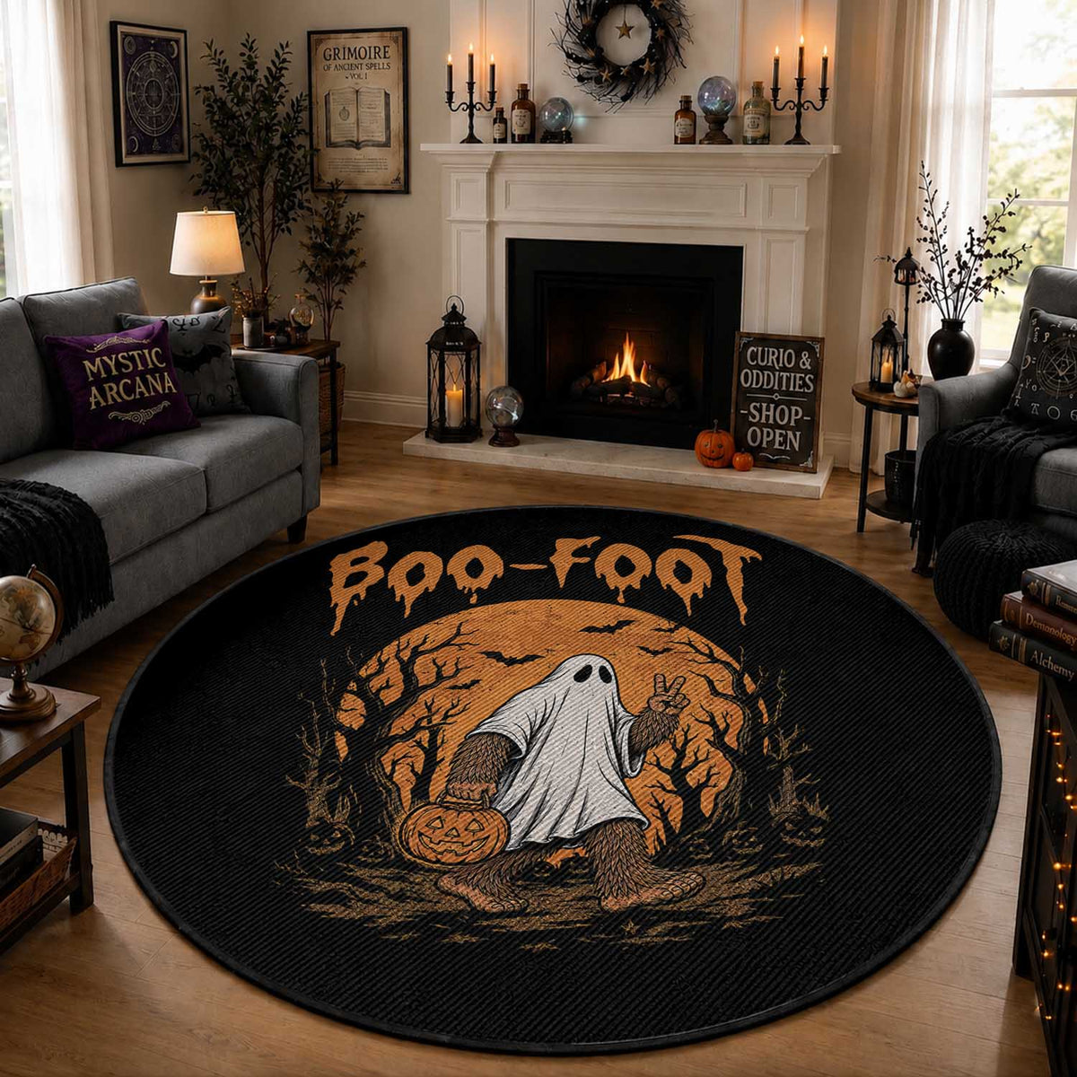 Funny Boo Foot Bigfoot Halloween Round Rug Spooky Ghost Pumpkin Night