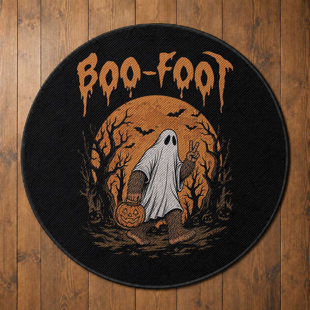 Funny Boo Foot Bigfoot Halloween Round Rug Spooky Ghost Pumpkin Night
