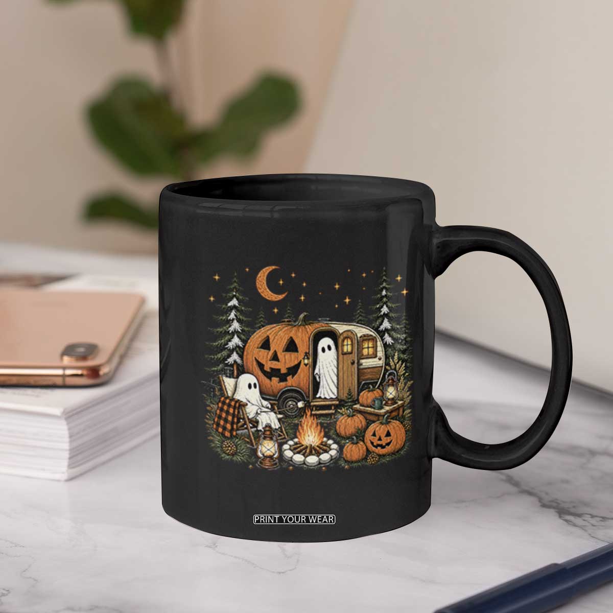 Funny Ghost Camper Halloween Coffee Mug Spooky Camping Outdoor Adventures