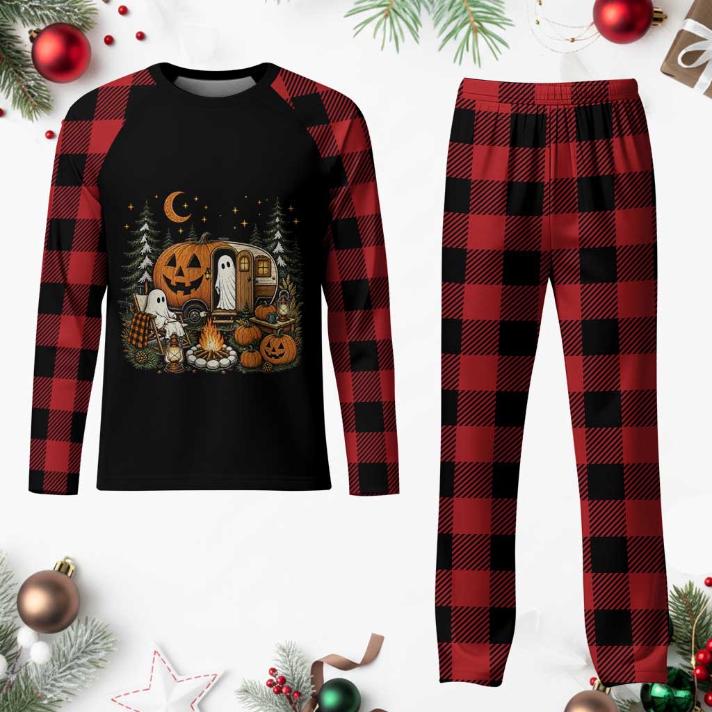 Funny Ghost Camper Halloween Plaid Pajama Set Spooky Camping Outdoor Adventures