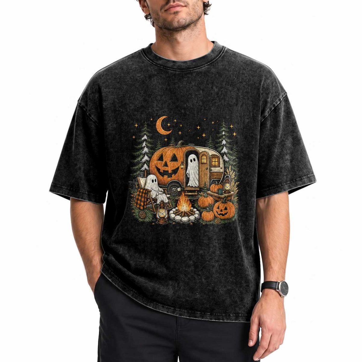 Funny Ghost Camper Halloween Washed Cotton T-Shirt Spooky Camping Outdoor Adventures