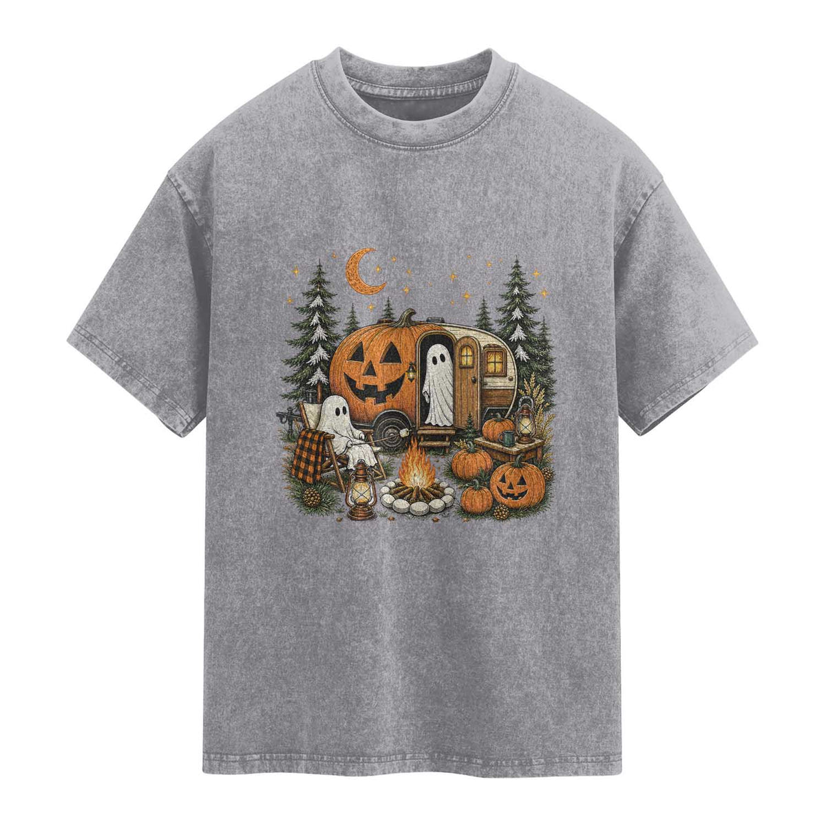 Funny Ghost Camper Halloween Washed Cotton T-Shirt Spooky Camping Outdoor Adventures