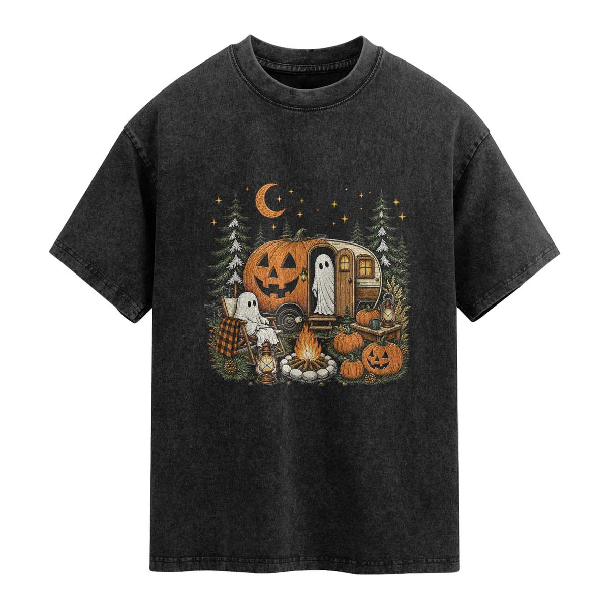 Funny Ghost Camper Halloween Washed Cotton T-Shirt Spooky Camping Outdoor Adventures