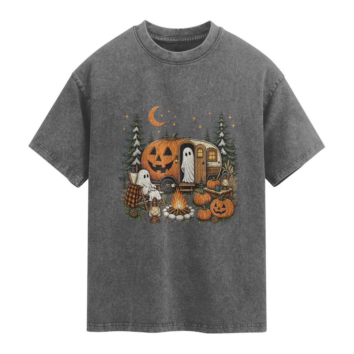 Funny Ghost Camper Halloween Washed Cotton T-Shirt Spooky Camping Outdoor Adventures