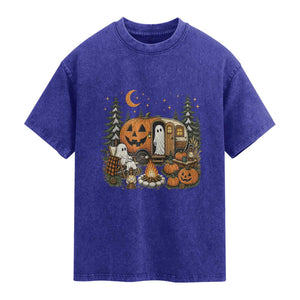 Funny Ghost Camper Halloween Washed Cotton T-Shirt Spooky Camping Outdoor Adventures