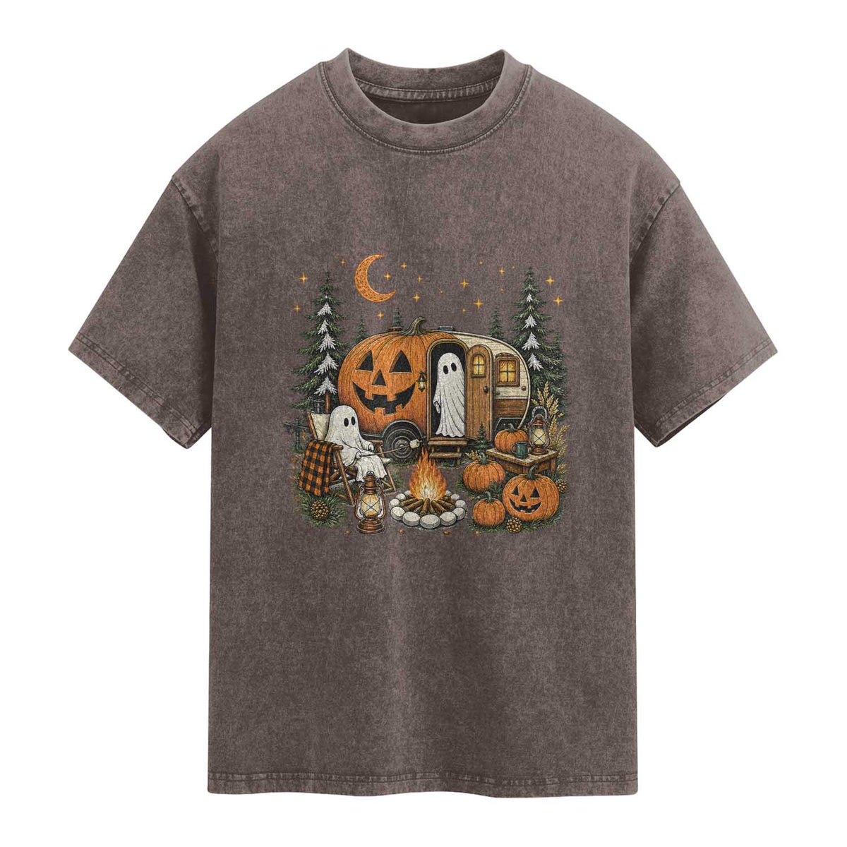 Funny Ghost Camper Halloween Washed Cotton T-Shirt Spooky Camping Outdoor Adventures