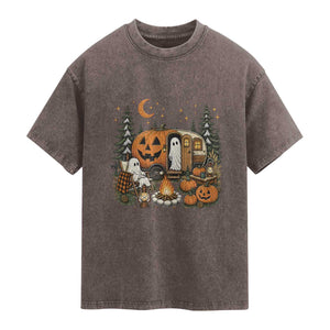 Funny Ghost Camper Halloween Washed Cotton T-Shirt Spooky Camping Outdoor Adventures
