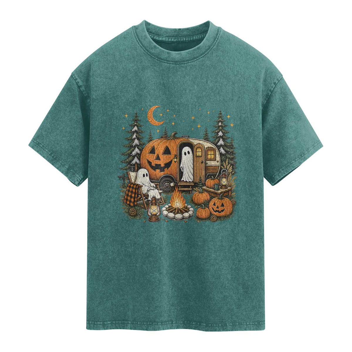Funny Ghost Camper Halloween Washed Cotton T-Shirt Spooky Camping Outdoor Adventures