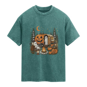 Funny Ghost Camper Halloween Washed Cotton T-Shirt Spooky Camping Outdoor Adventures