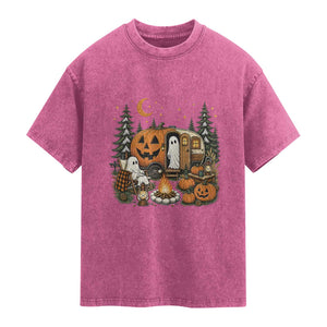 Funny Ghost Camper Halloween Washed Cotton T-Shirt Spooky Camping Outdoor Adventures