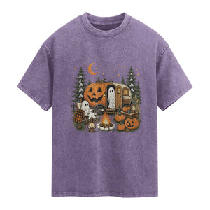 Funny Ghost Camper Halloween Washed Cotton T-Shirt Spooky Camping Outdoor Adventures