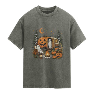 Funny Ghost Camper Halloween Washed Cotton T-Shirt Spooky Camping Outdoor Adventures
