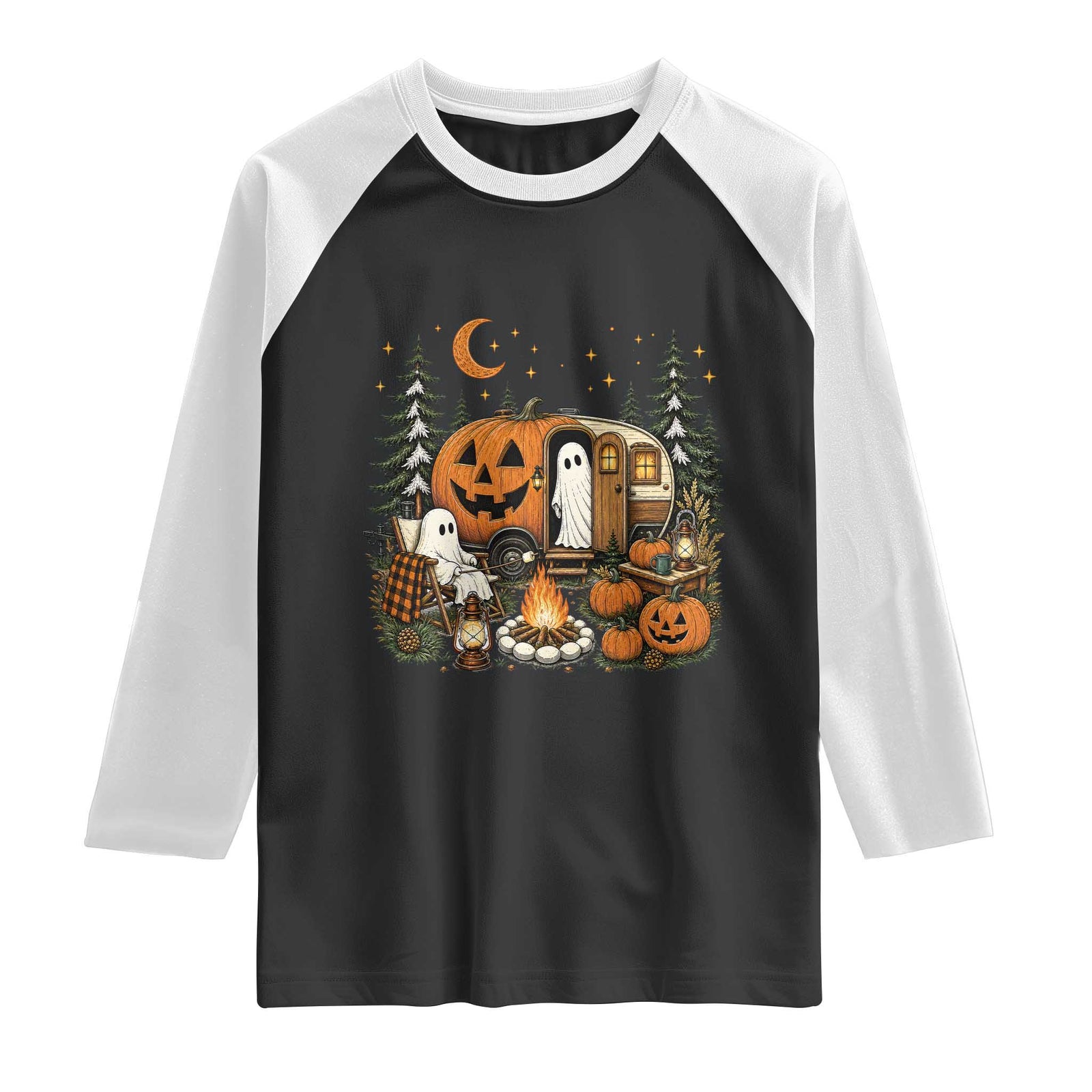Funny Ghost Camper Halloween Raglan Shirt Spooky Camping Outdoor Adventures