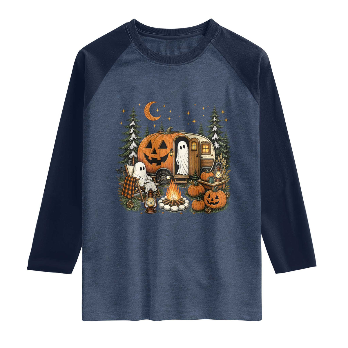 Funny Ghost Camper Halloween Raglan Shirt Spooky Camping Outdoor Adventures