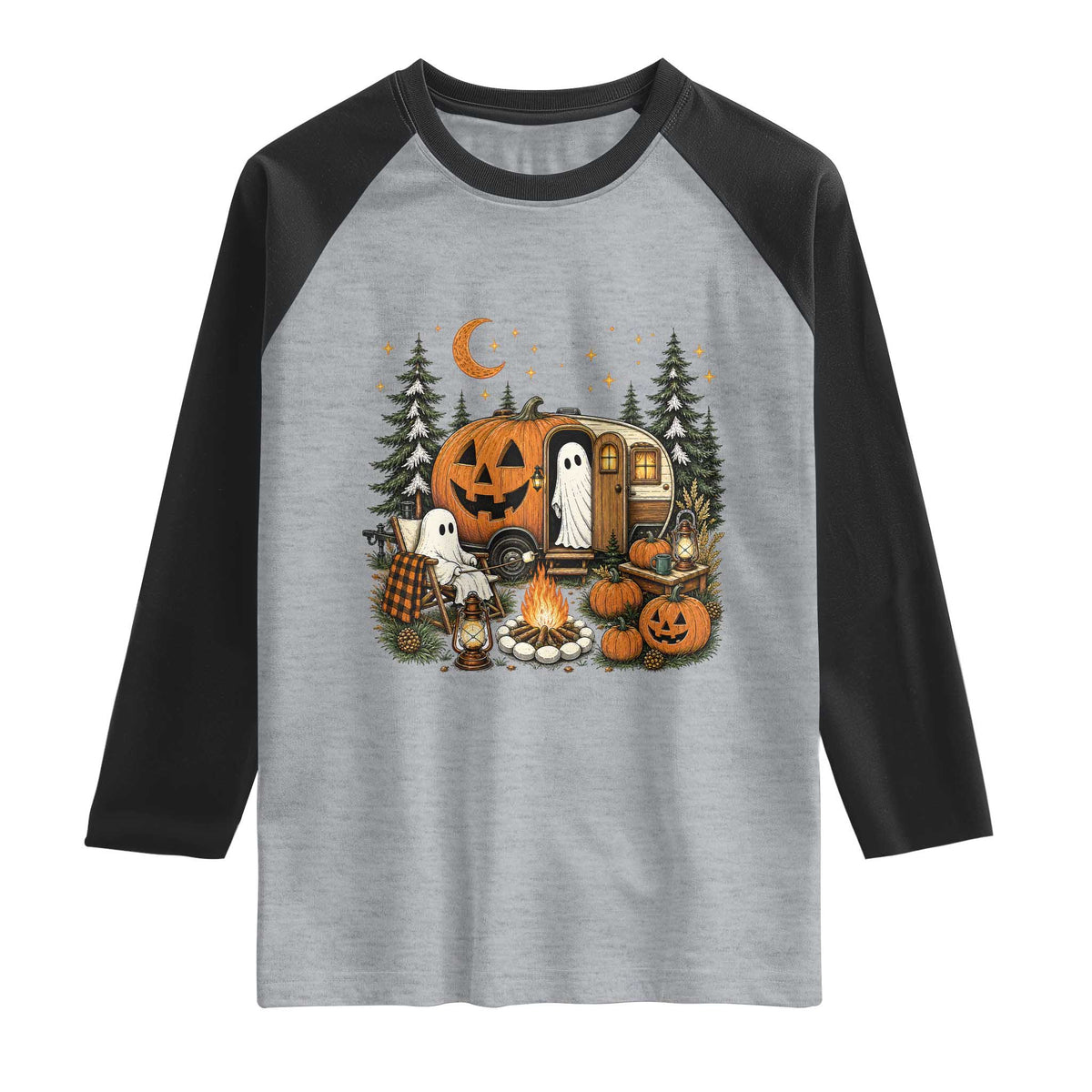 Funny Ghost Camper Halloween Raglan Shirt Spooky Camping Outdoor Adventures