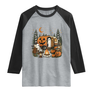 Funny Ghost Camper Halloween Raglan Shirt Spooky Camping Outdoor Adventures