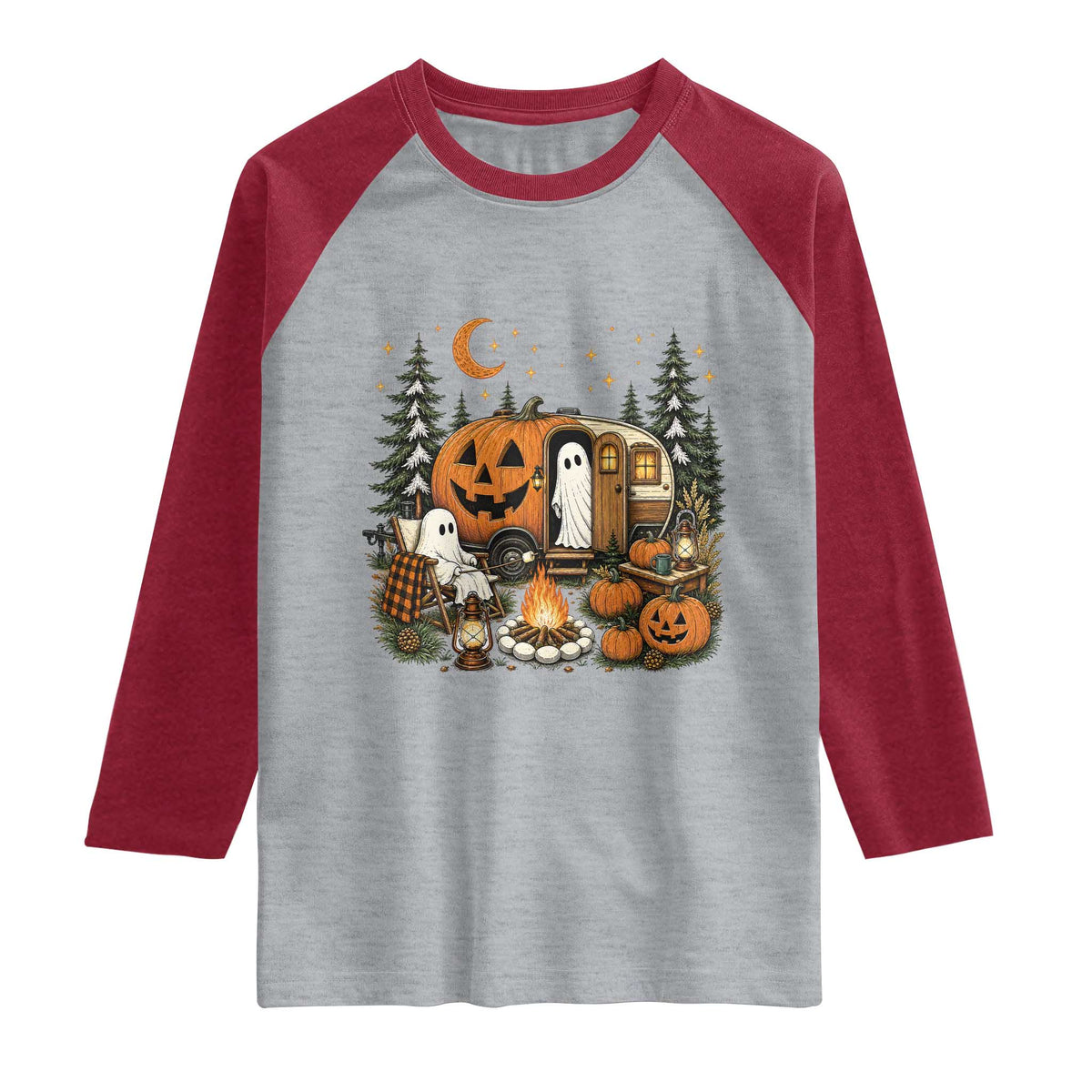 Funny Ghost Camper Halloween Raglan Shirt Spooky Camping Outdoor Adventures